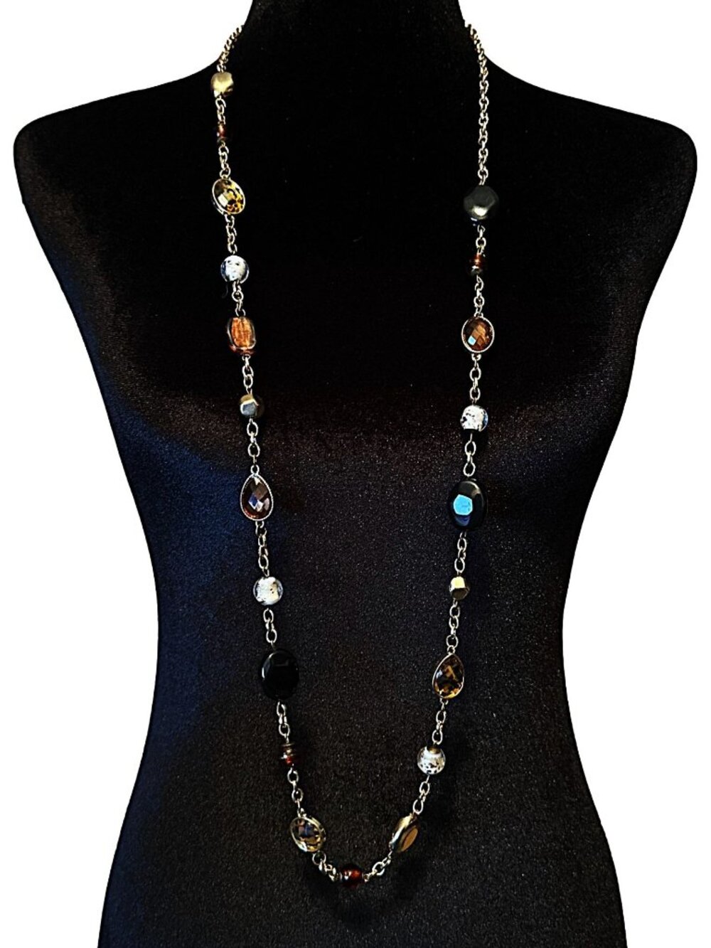 Charming Charlie Long Necklace Gold Tone Animal Print Brown Glass Acrylic Beads